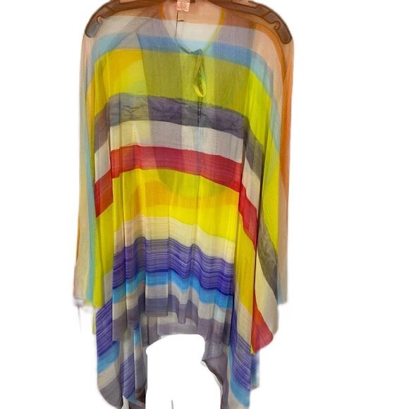 Petit Pois Viviana G Sheer Mesh Poncho XS | Striped Beaded Pom Pom Boho Top - Picture 10 of 11